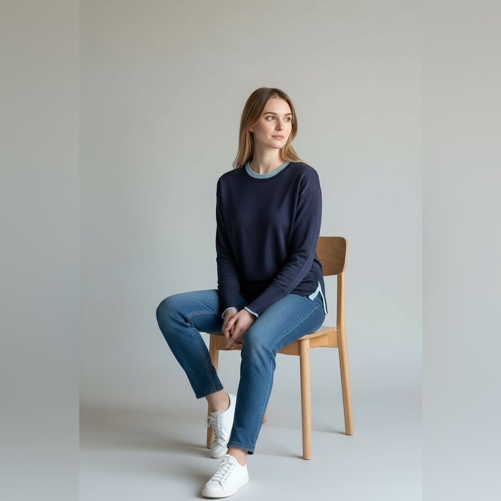 White Stuff Navy Cotton Crew Neck Sweater w/ Contrast Trim‎